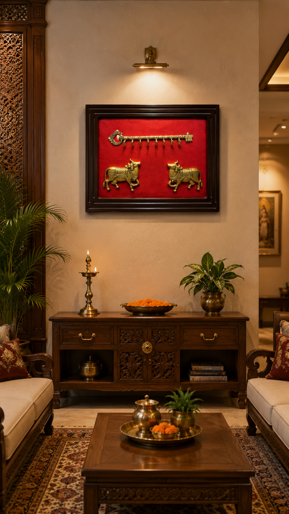 Brass Kamadhenu Key Hanger | Luxury Red Silk Wall Decor | ESTUDIO