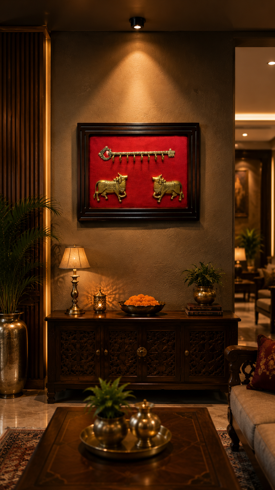 Brass Kamadhenu Key Hanger | Luxury Red Silk Wall Decor | ESTUDIO
