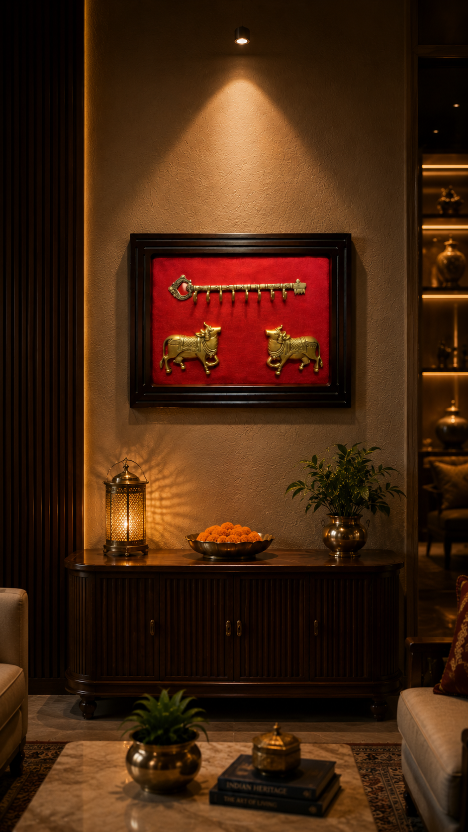Brass Kamadhenu Key Hanger | Luxury Red Silk Wall Decor | ESTUDIO