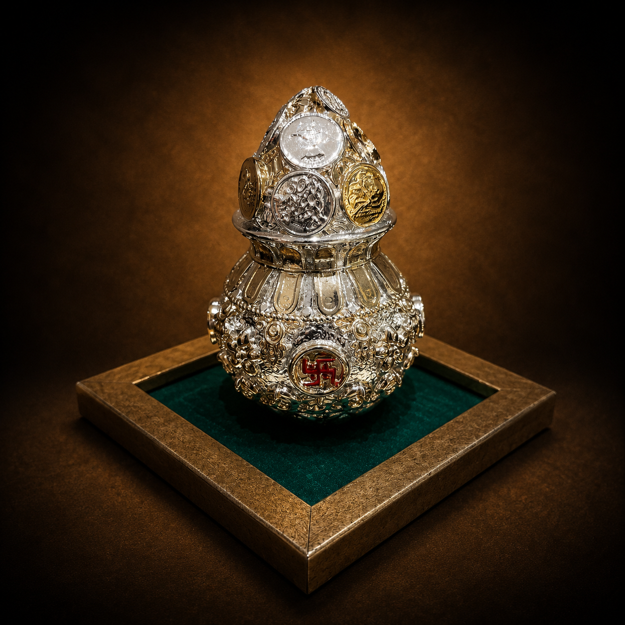 Kuber Kalash with World currency 92.5 Sterling Silver with Free Base