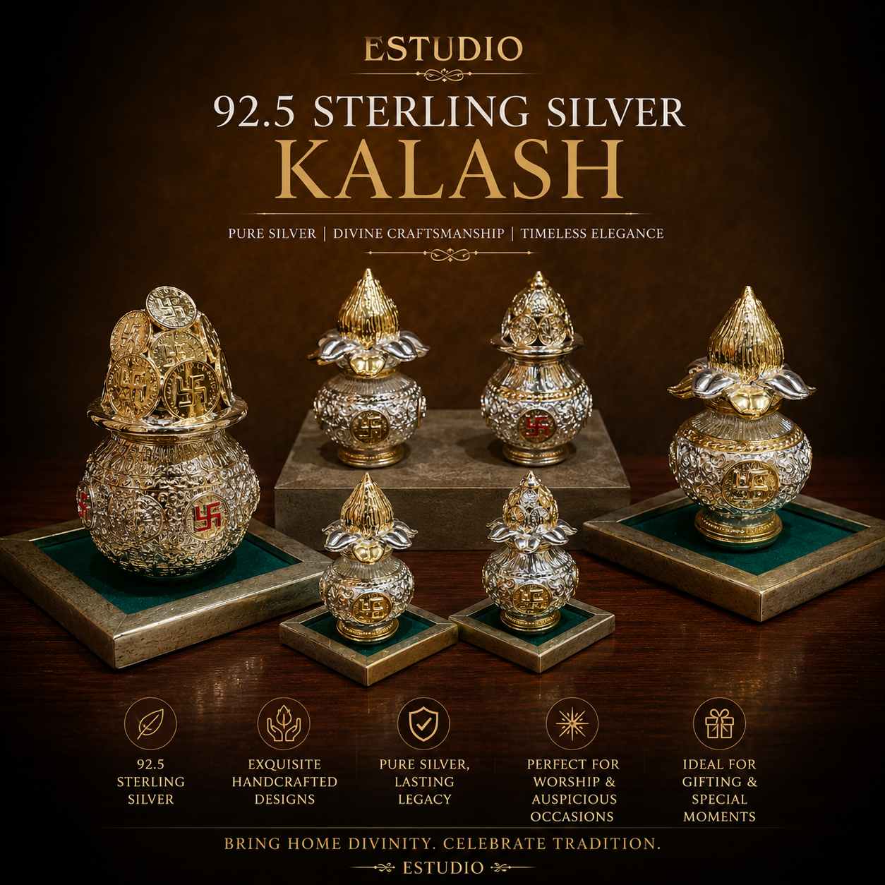 Kuber Kalash with World currency 92.5 Sterling Silver with Free Base