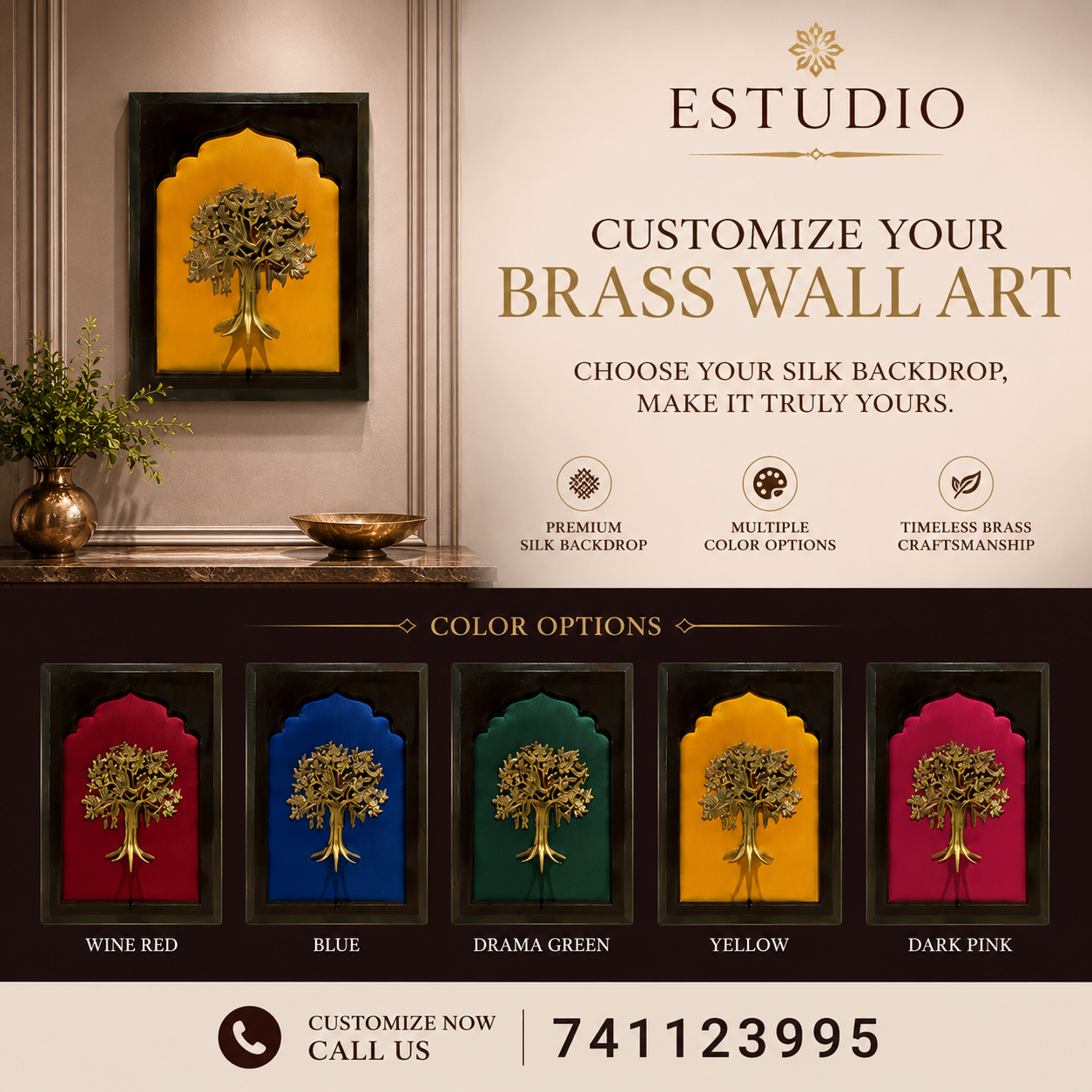 Divine Kalpavriksha Wall Art | Brass 5 Element Decor for Home | Luxury Spiritual Frame.
