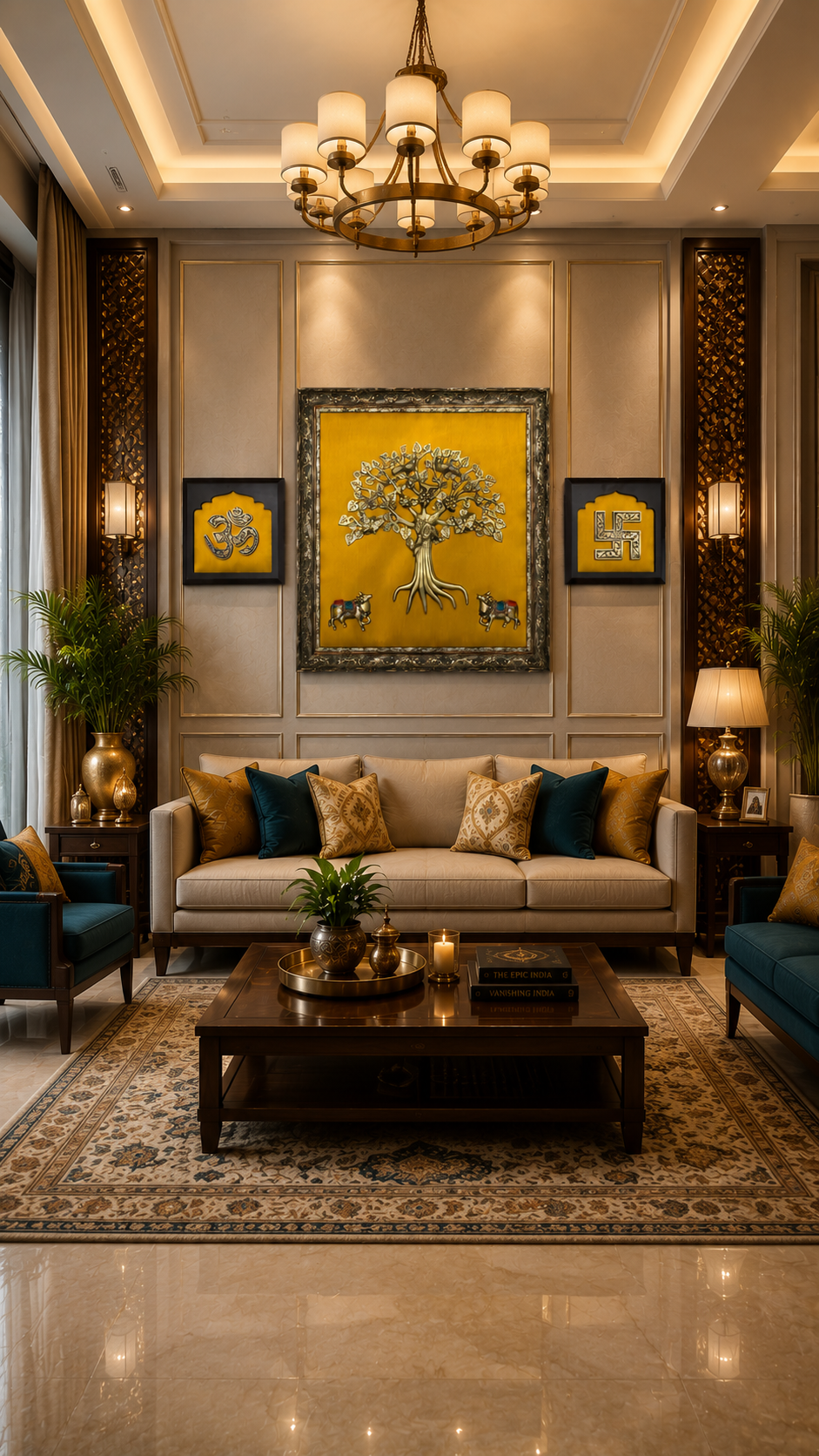 Brass Kalpavriksha with Kamadhenu | Om & Swastik Engineer Wooden Wall Frame Set