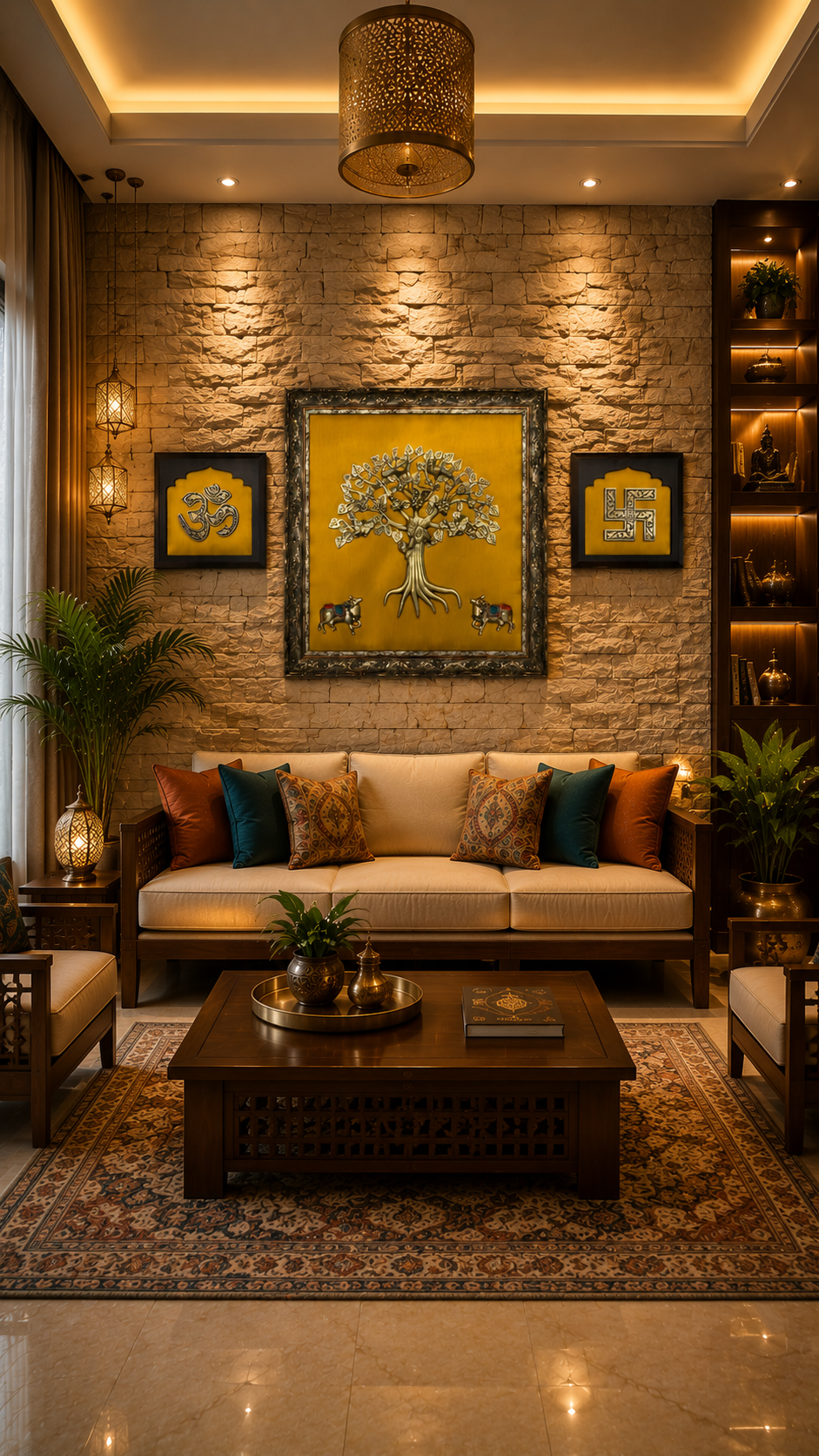 Brass Kalpavriksha with Kamadhenu | Om & Swastik Engineer Wooden Wall Frame Set