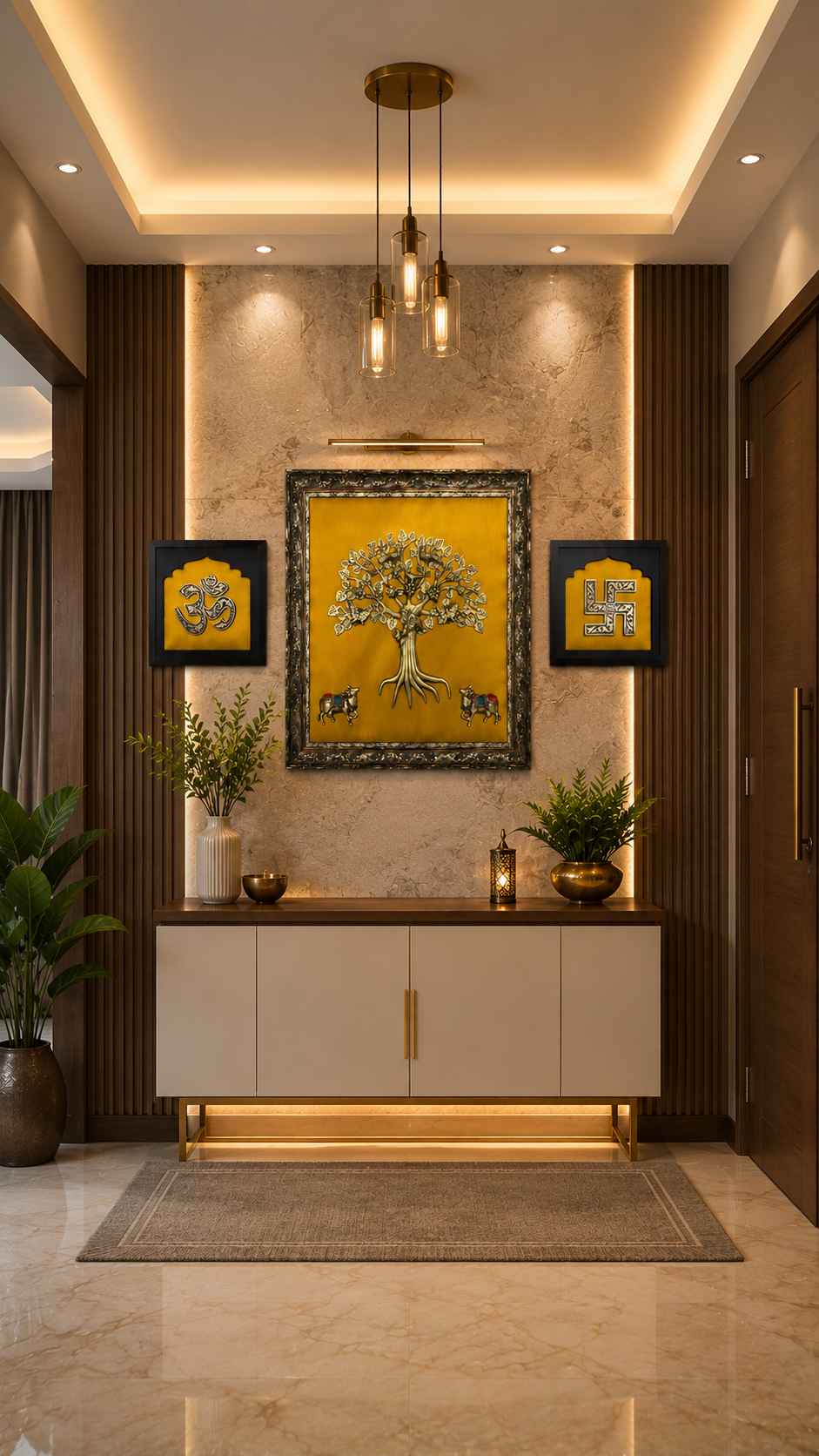Brass Kalpavriksha with Kamadhenu | Om & Swastik Engineer Wooden Wall Frame Set