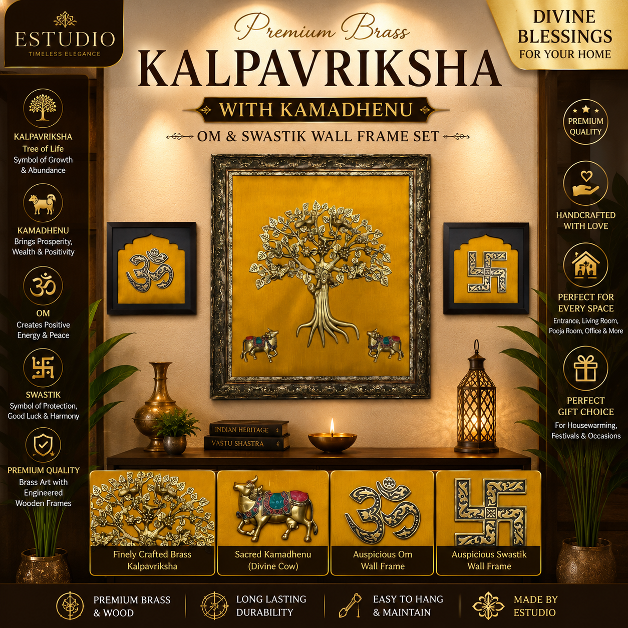 Brass Kalpavriksha with Kamadhenu | Om & Swastik Engineer Wooden Wall Frame Set