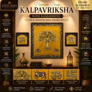 Brass Kalpavriksha with Kamadhenu | Om & Swastik Engineer Wooden Wall Frame Set