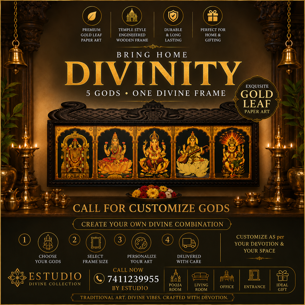 5 Gods Gold Leaf Art Temple Style Wooden Frame