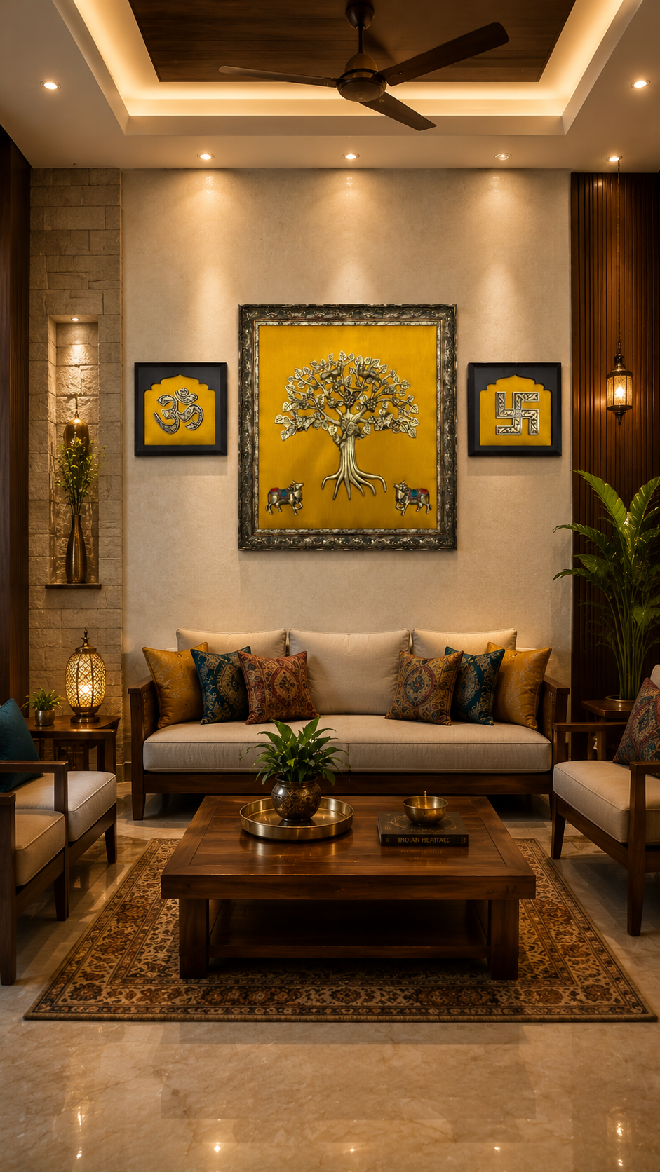 Brass Kalpavriksha with Kamadhenu | Om & Swastik Engineer Wooden Wall Frame Set