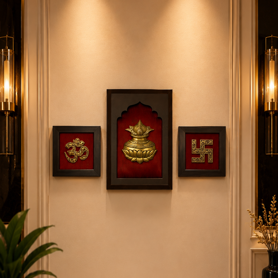 Brass Kalash, Om & Swastik Wall Art | Red Silk Backdrop | Engineer Wooden Frame