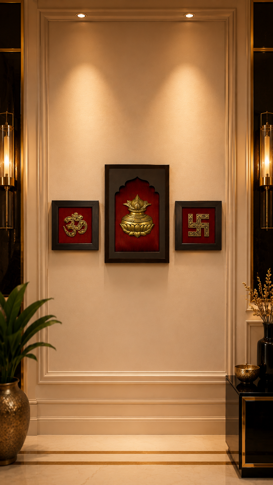 Brass Kalash, Om & Swastik Wall Art | Red Silk Backdrop | Engineer Wooden Frame