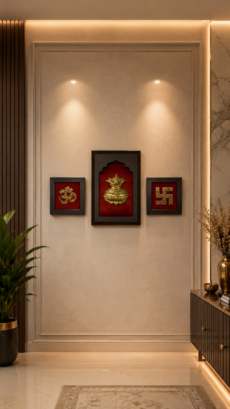 Brass Kalash, Om & Swastik Wall Art | Red Silk Backdrop | Engineer Wooden Frame