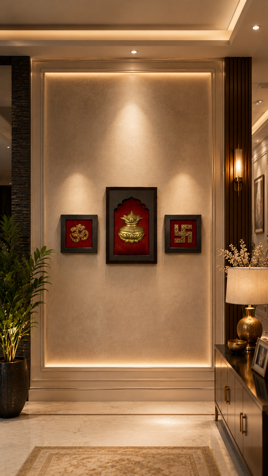 Brass Kalash, Om & Swastik Wall Art | Red Silk Backdrop | Engineer Wooden Frame