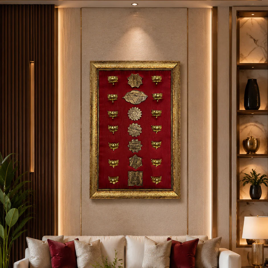 7 Chakra Wall Art | Sacred Energy Symbols in Gold on Silk | Framed Spiritual Décor
