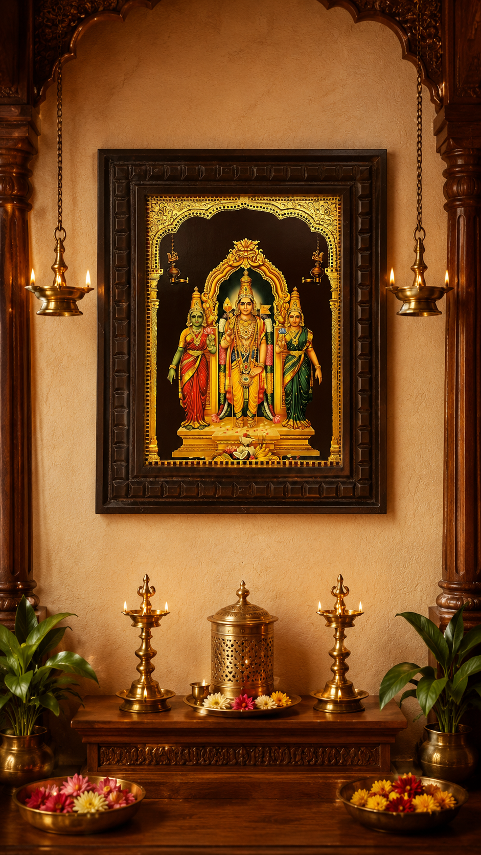 Murugan with Valli & Deivanai Gold Leaf Art | Premium Wooden Framed Divine Wall Decor