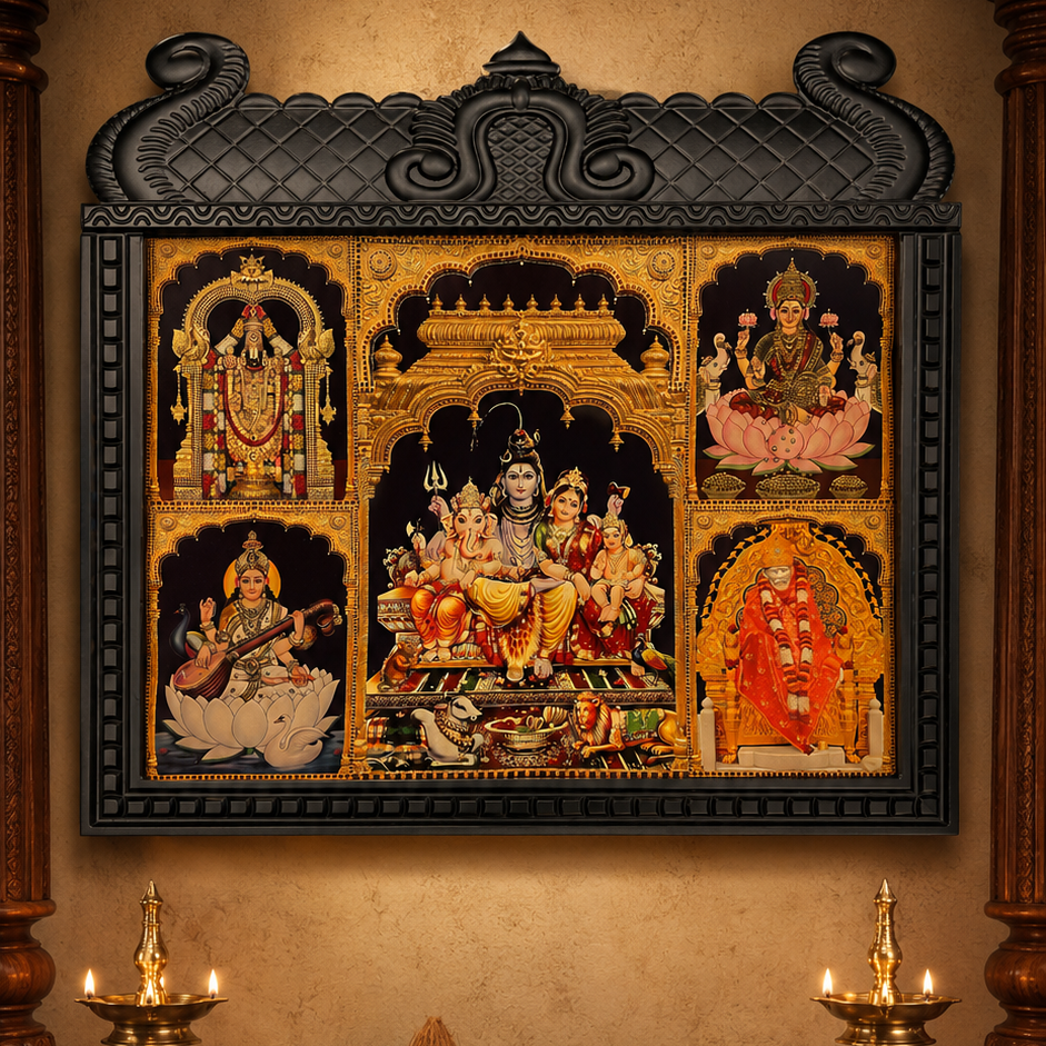 5 Gods in One Frame Gold Leaf Artwork (Temple Frame)