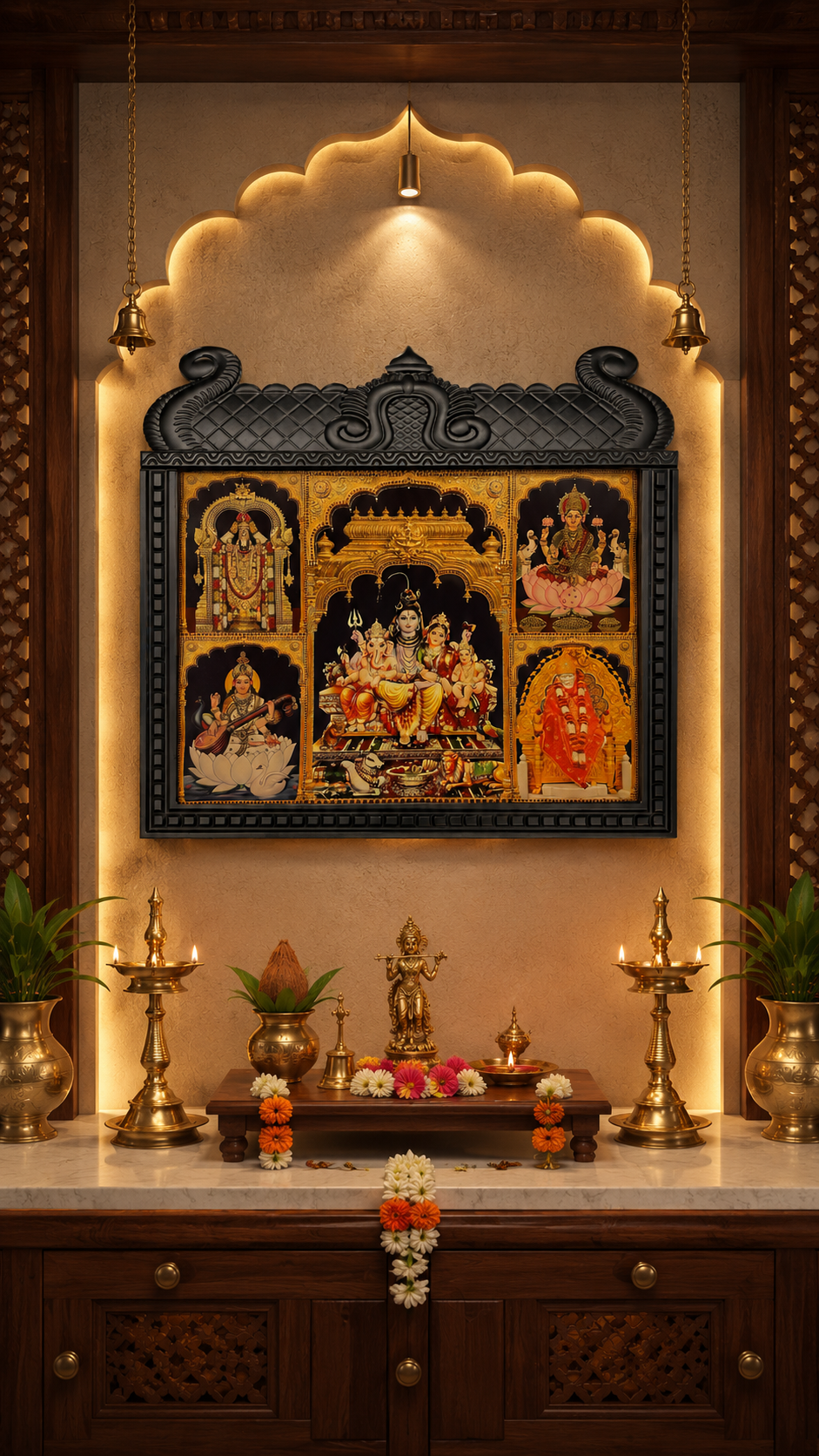 5 Gods in One Frame Gold Leaf Artwork (Temple Frame)