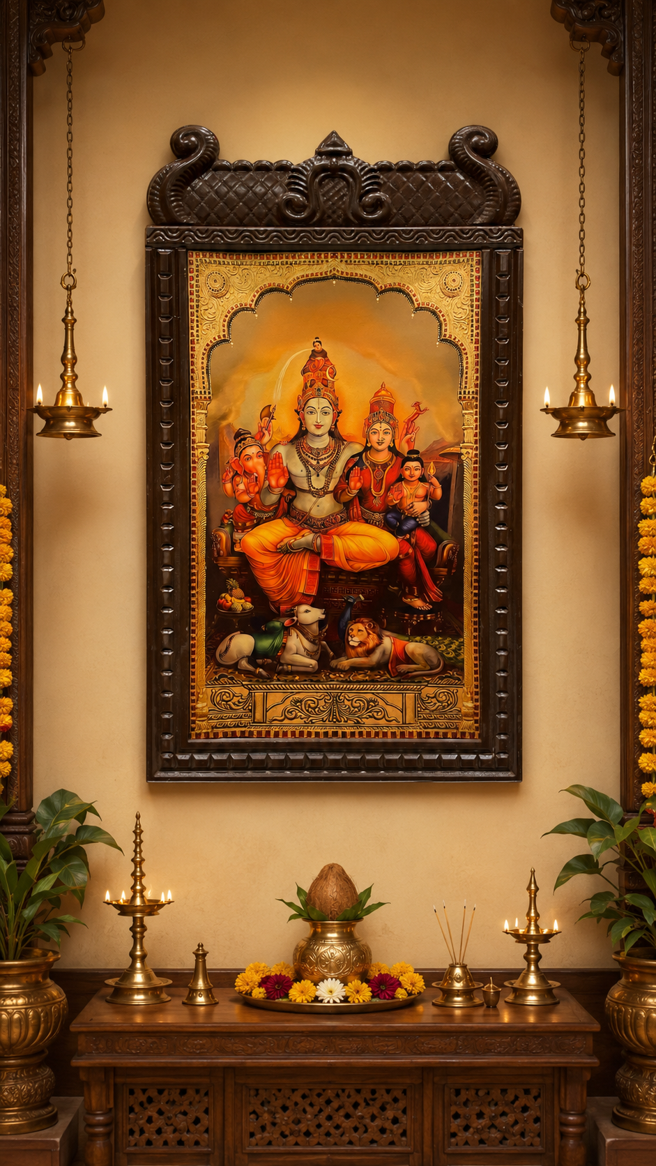 Shiva Parivar Gold Leaf Wall Frame for Pooja Room | Luxury Hindu Home Decor