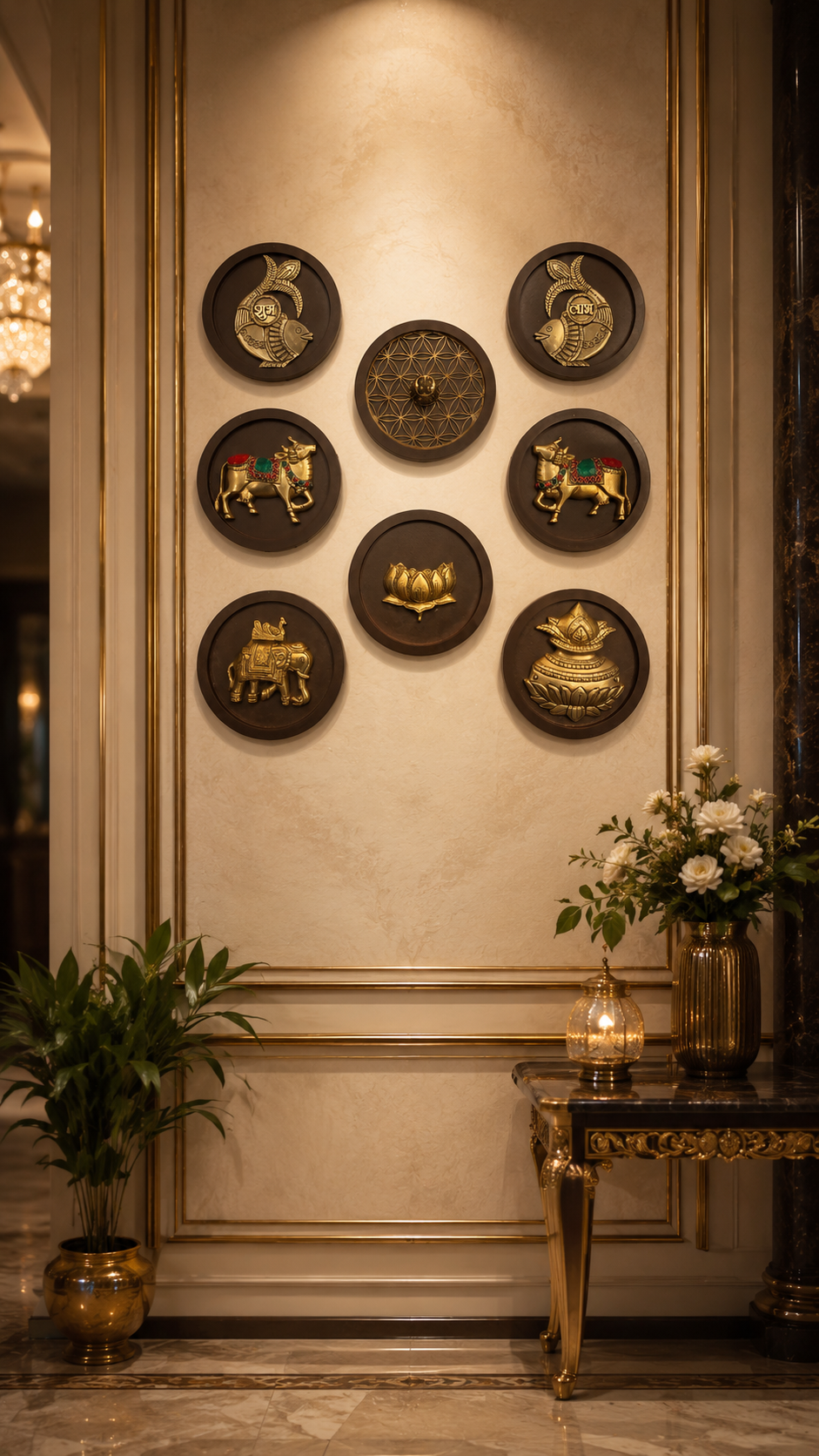 8-Piece Traditional Brass Wall Art Set with Wooden Circular Frames | Luxury Vastu & Heritage Wall Decor