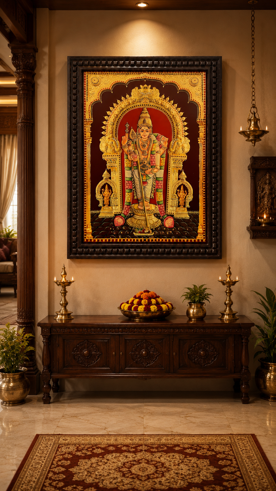 Tiruchendar Murugan Gold Leafed Art With Wooden Frame