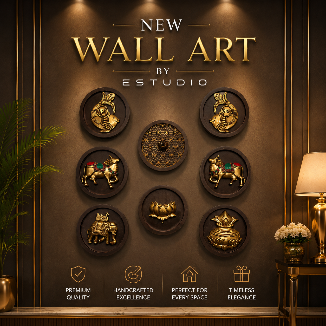 8-Piece Traditional Brass Wall Art Set with Wooden Circular Frames | Luxury Vastu & Heritage Wall Decor