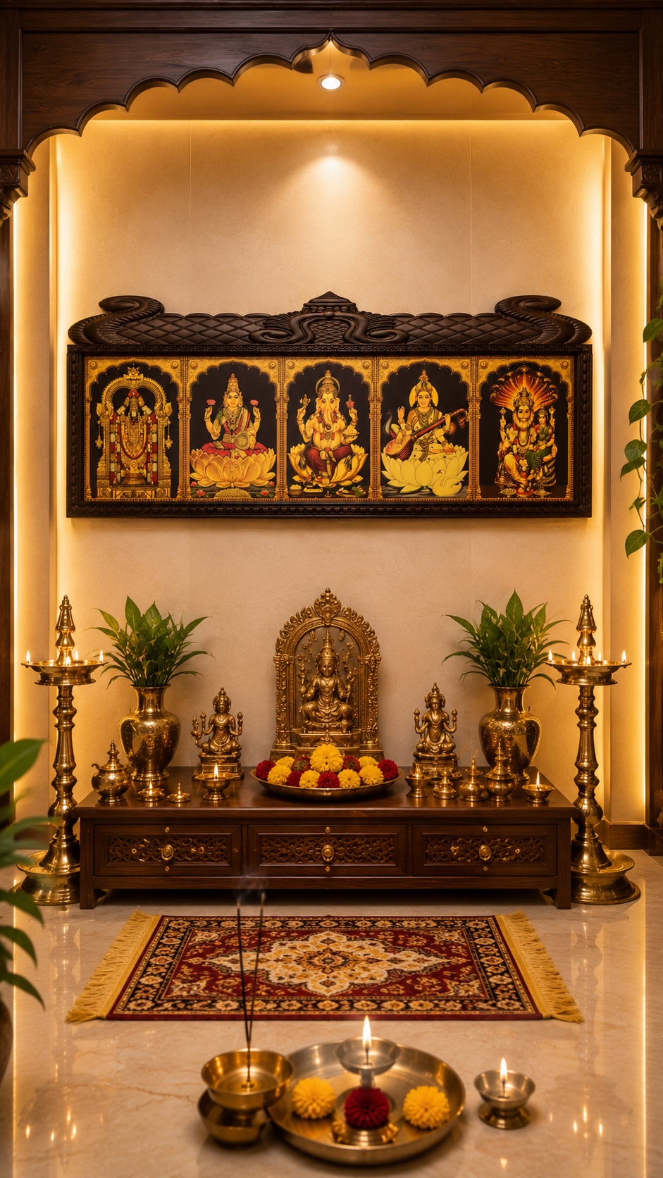 5 Gods Gold Leaf Art Temple Style Wooden Frame