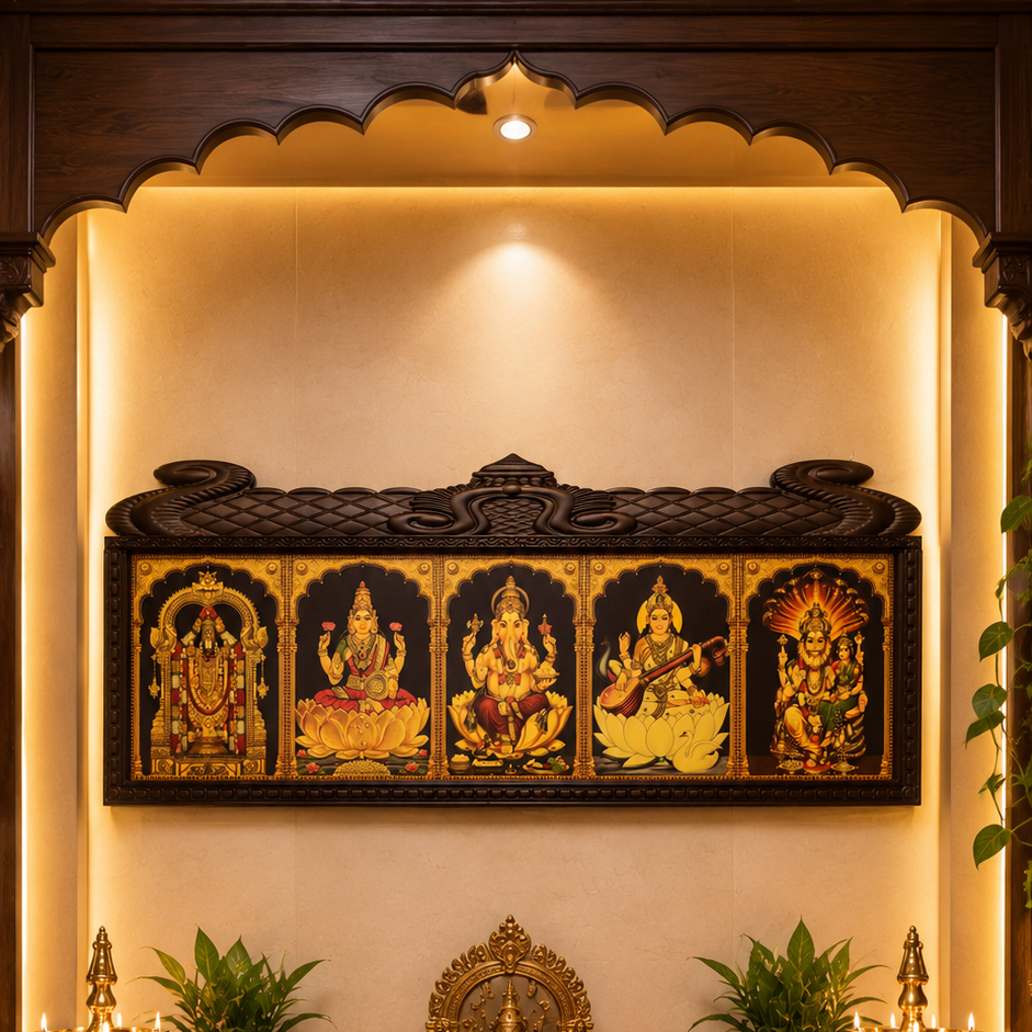 5 Gods Gold Leaf Art Temple Style Wooden Frame