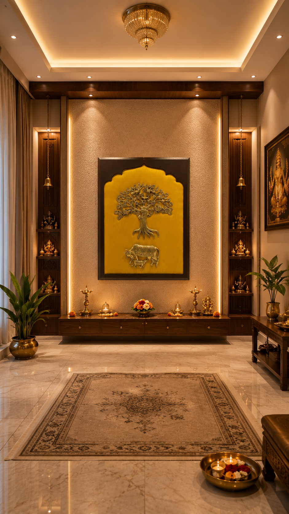 Brass Kalpavriksha with Kamadhenu Wall Art on Rich Yellow Silk Backdrop