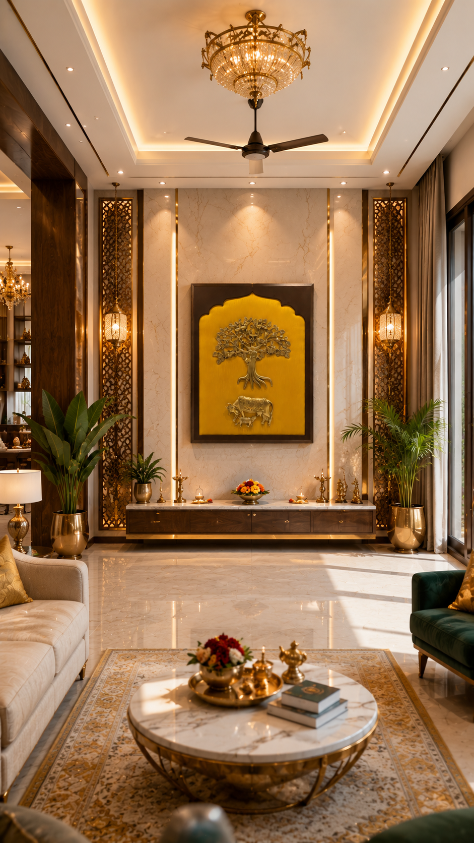 Brass Kalpavriksha with Kamadhenu Wall Art on Rich Yellow Silk Backdrop