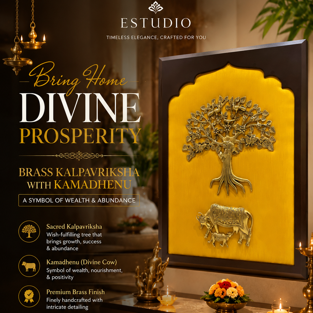 Brass Kalpavriksha with Kamadhenu Wall Art on Rich Yellow Silk Backdrop