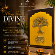 Brass Kalpavriksha with Kamadhenu Wall Art on Rich Yellow Silk Backdrop