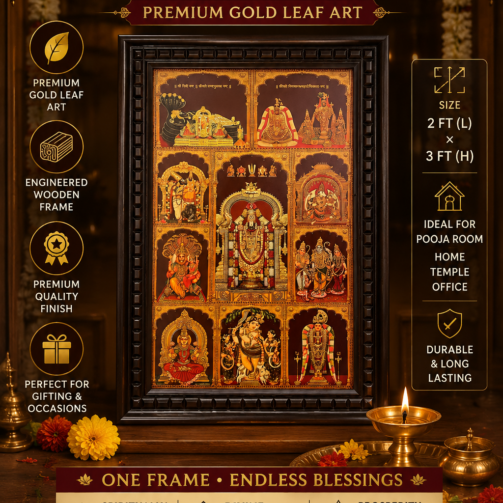 10 Gods in One Frame Gold Leaf Art | Premium Engineered Wooden Frame.