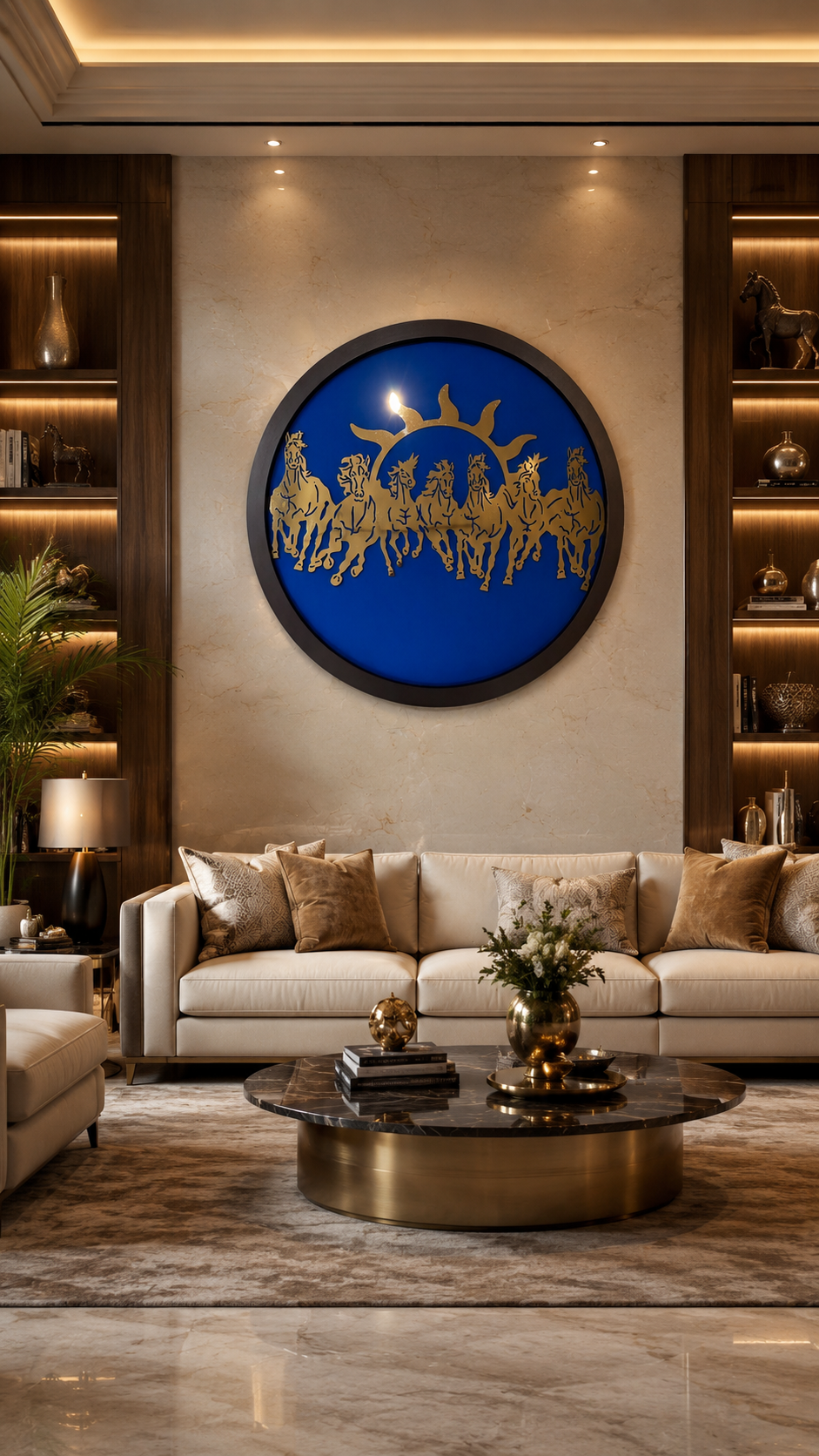 7 Running Horses Titanium Metal Wall Art | Blue Silk Backdrop