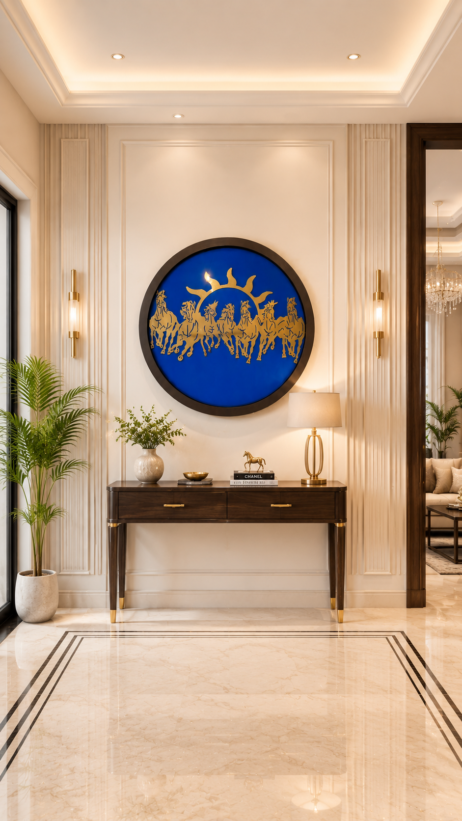 7 Running Horses Titanium Metal Wall Art | Blue Silk Backdrop