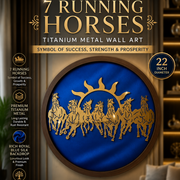 7 Running Horses Titanium Metal Wall Art | Blue Silk Backdrop