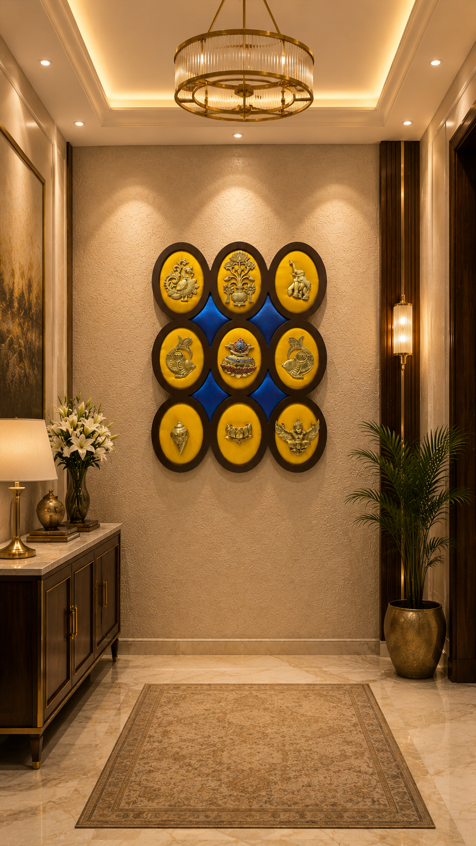 9 Brass Auspicious Symbols On Yellow Silk Wall Art Set.