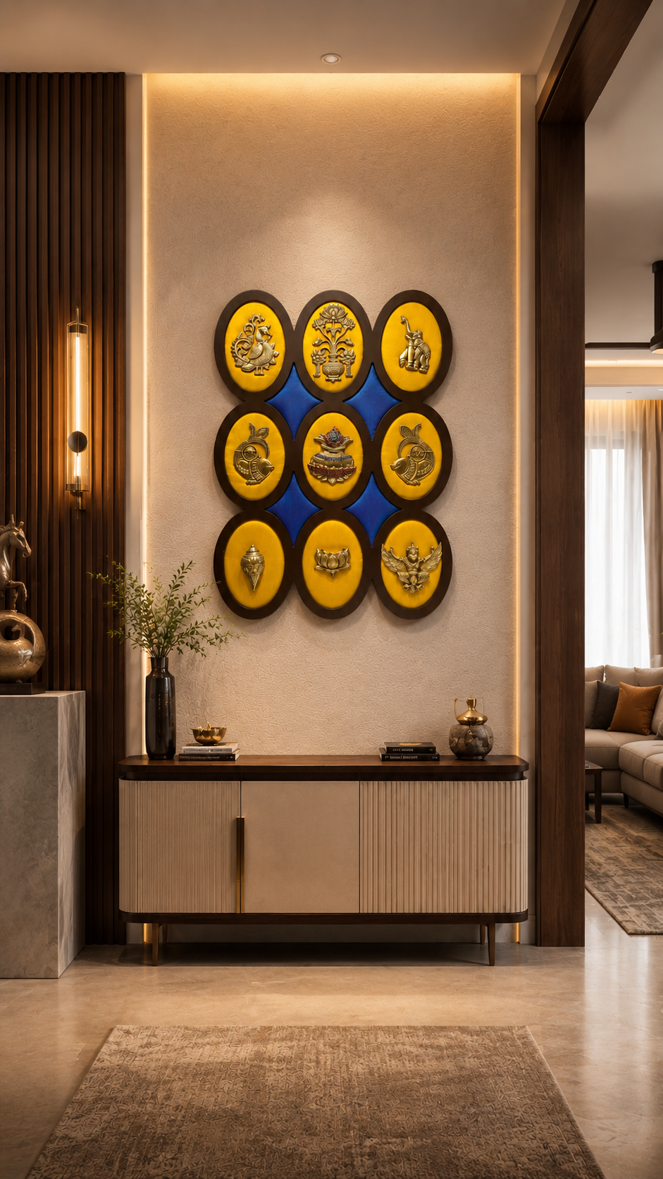 9 Brass Auspicious Symbols On Yellow Silk Wall Art Set.