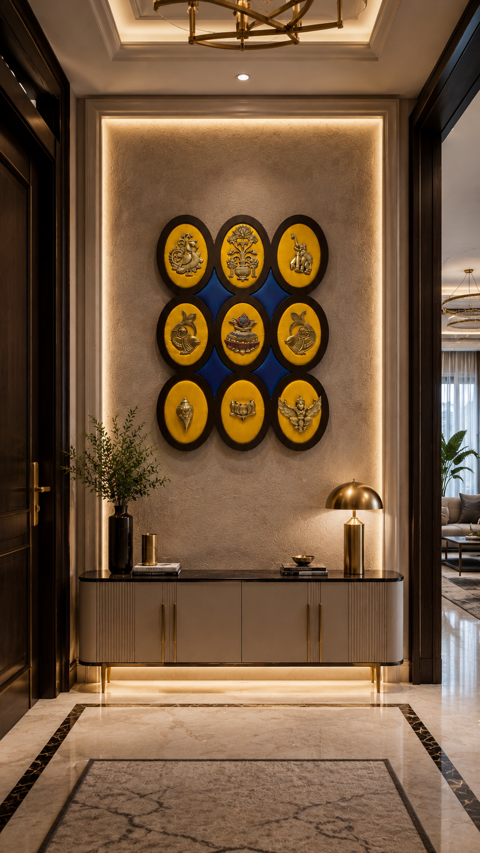 9 Brass Auspicious Symbols On Yellow Silk Wall Art Set.