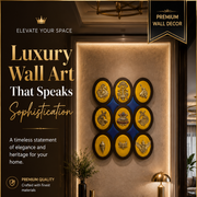 9 Brass Auspicious Symbols On Yellow Silk Wall Art Set.