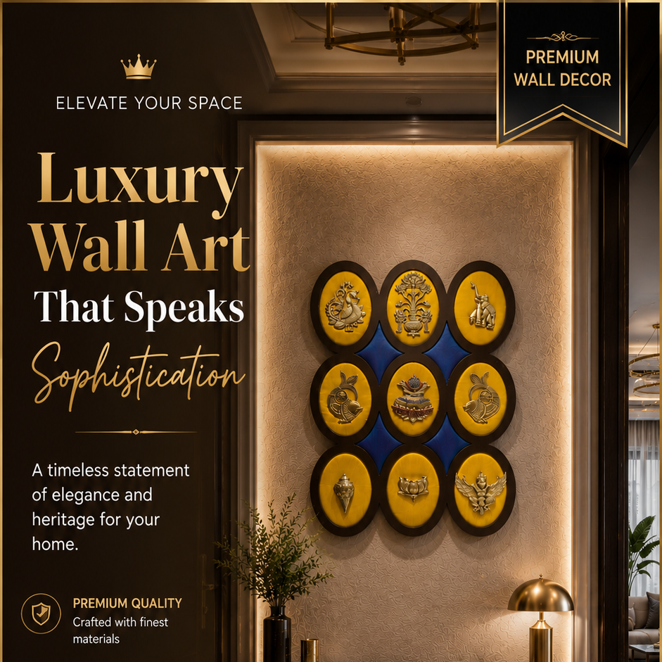 9 Brass Auspicious Symbols On Yellow Silk Wall Art Set.