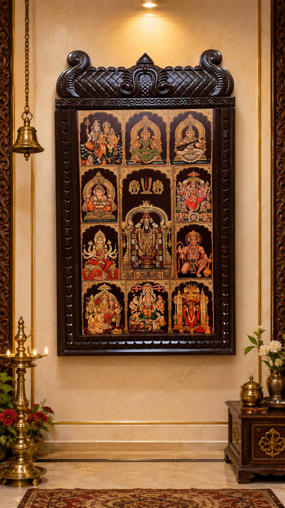 Gold-Leafed 11 Gods in One Frame – Tirupati Balaji, Shiva Parivaar, Lakshmi, Saraswati, Temple-Style Pooja Room Digital Artwork