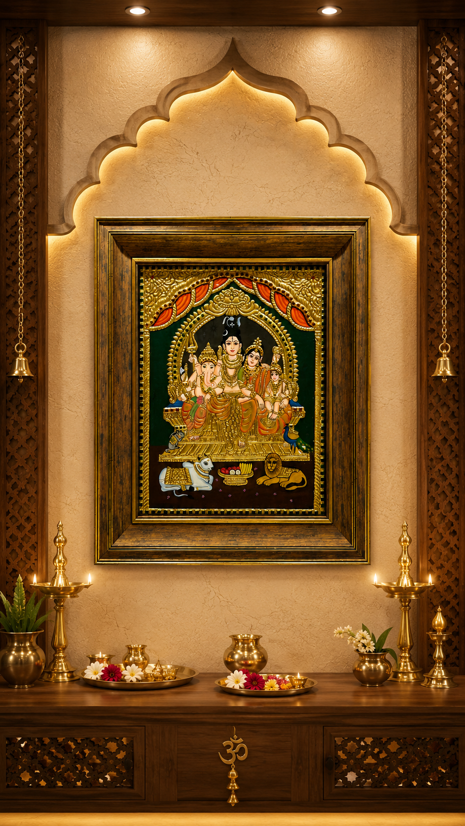 Shiva Parivar Tanjore Painting with Rigsin Frame | Traditional Pooja Room Wall Decor