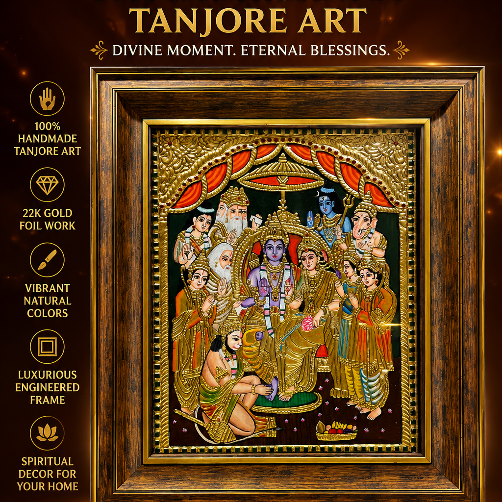 Rama Parivar Tanjore Painting with Rigsin Frame | Traditional Pooja Room Wall Decor