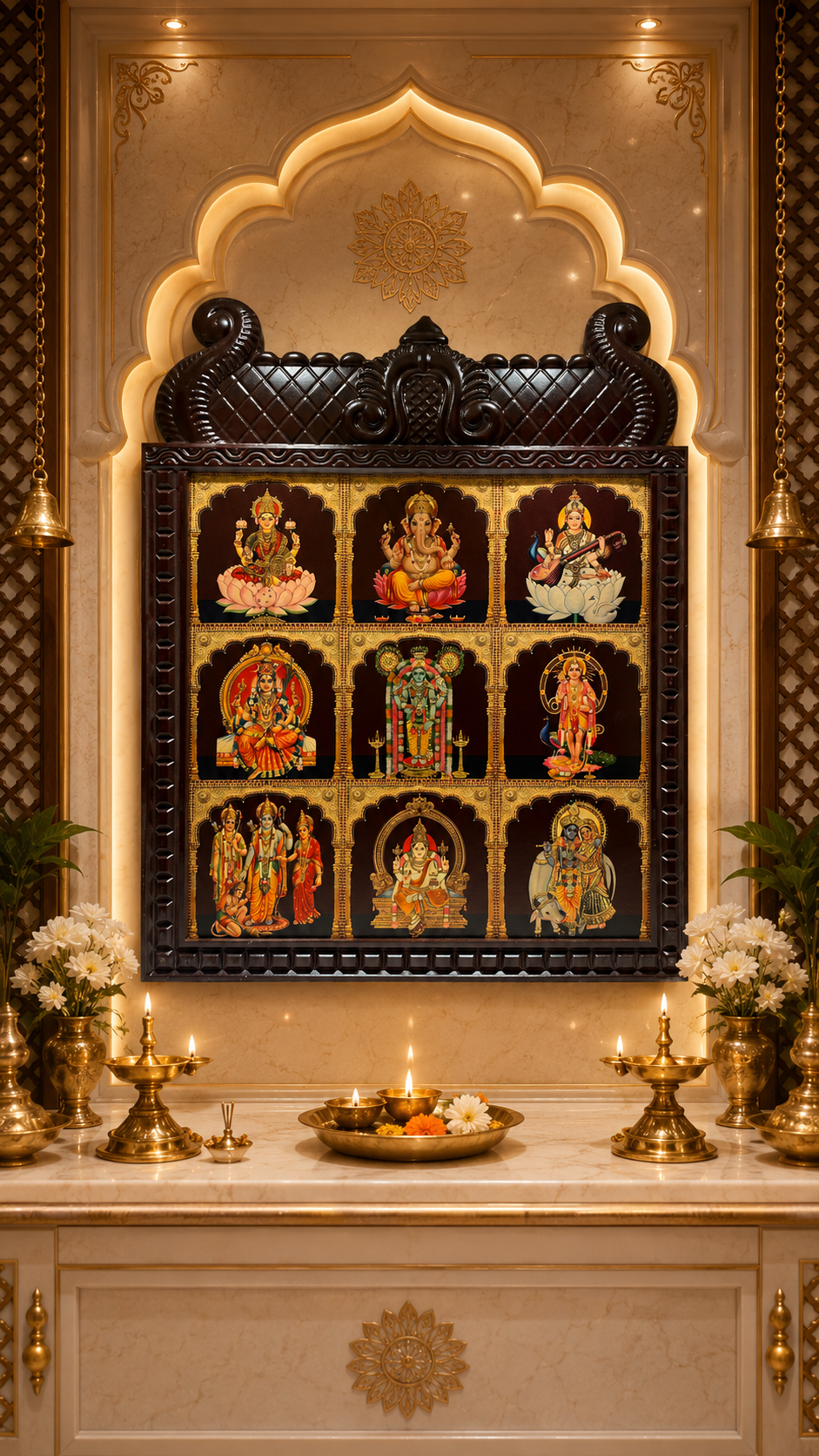 9 Divine Gods Gold Leaf Art, Engineer Wooden Frame | Wall Decor for Pooja Room