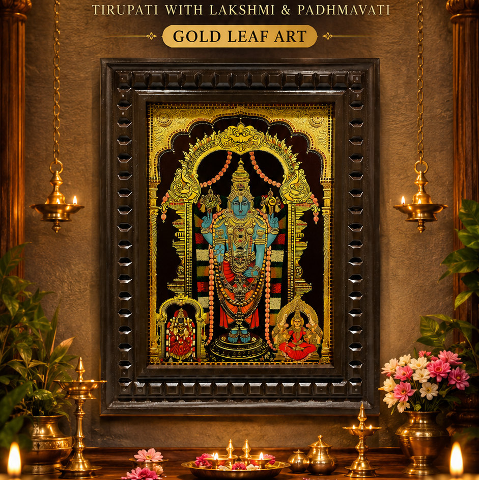 Tirupati Balaji Gold Leaf Art Frame with Lakshmi & Padmavati