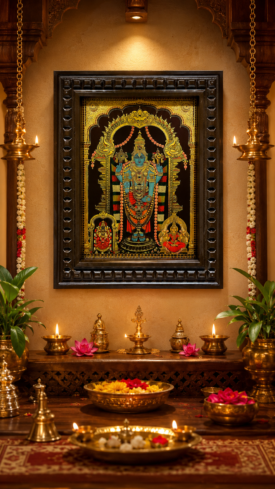 Tirupati Balaji Gold Leaf Art Frame with Lakshmi & Padmavati
