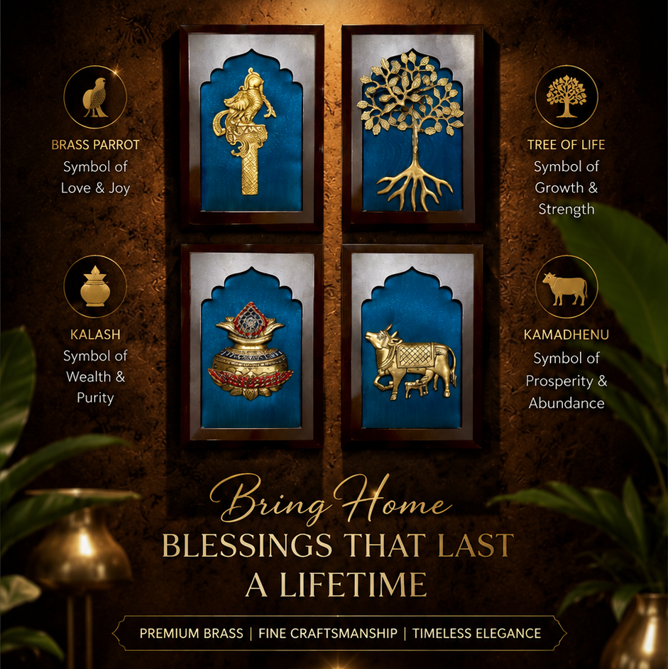Luxury Brass Wall Art | Parrot, Tree of Life, Kalash & Kamadhenu Premium Decor