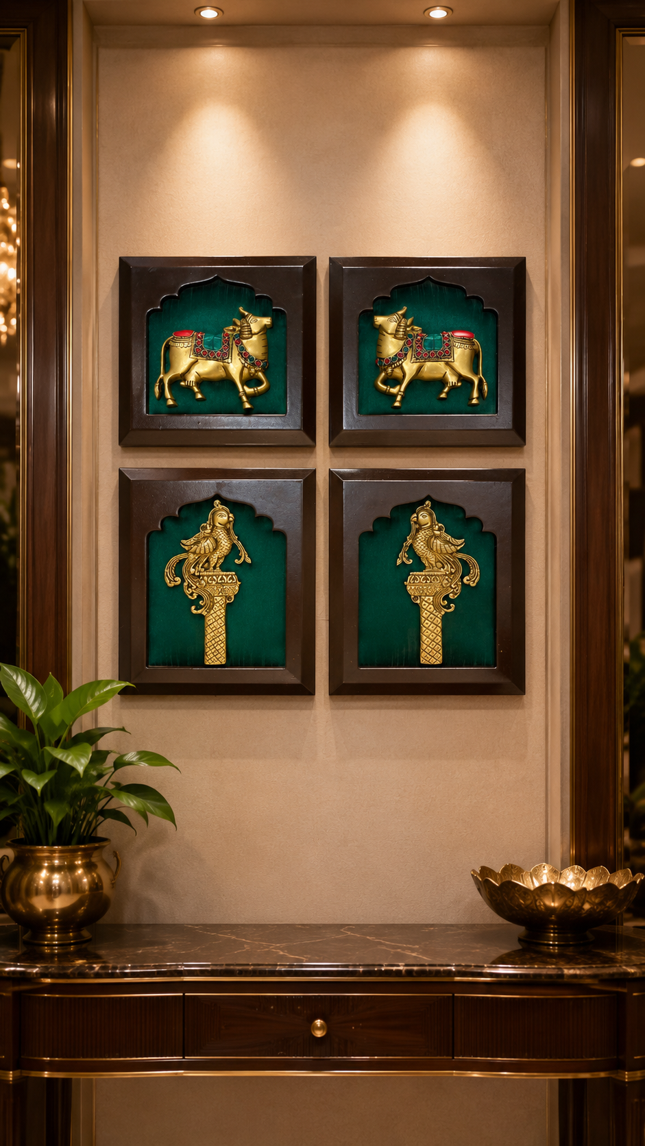 Brass Kamadhenu & Parrot Wall Decor | Premium Wooden Frame Art for Luxury Home Interiors