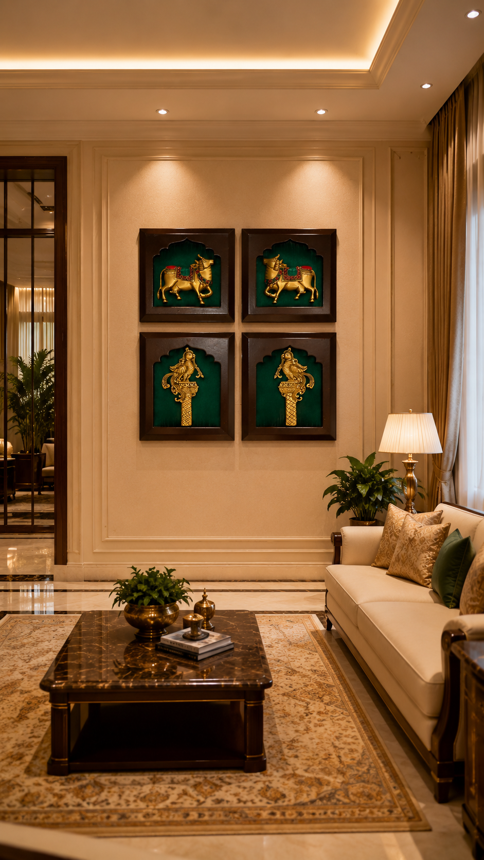 Brass Kamadhenu & Parrot Wall Decor | Premium Wooden Frame Art for Luxury Home Interiors