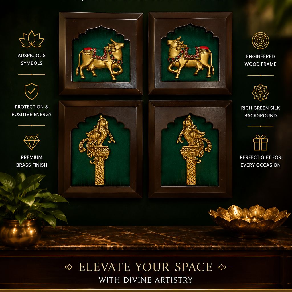 Brass Kamadhenu & Parrot Wall Decor | Premium Wooden Frame Art for Luxury Home Interiors